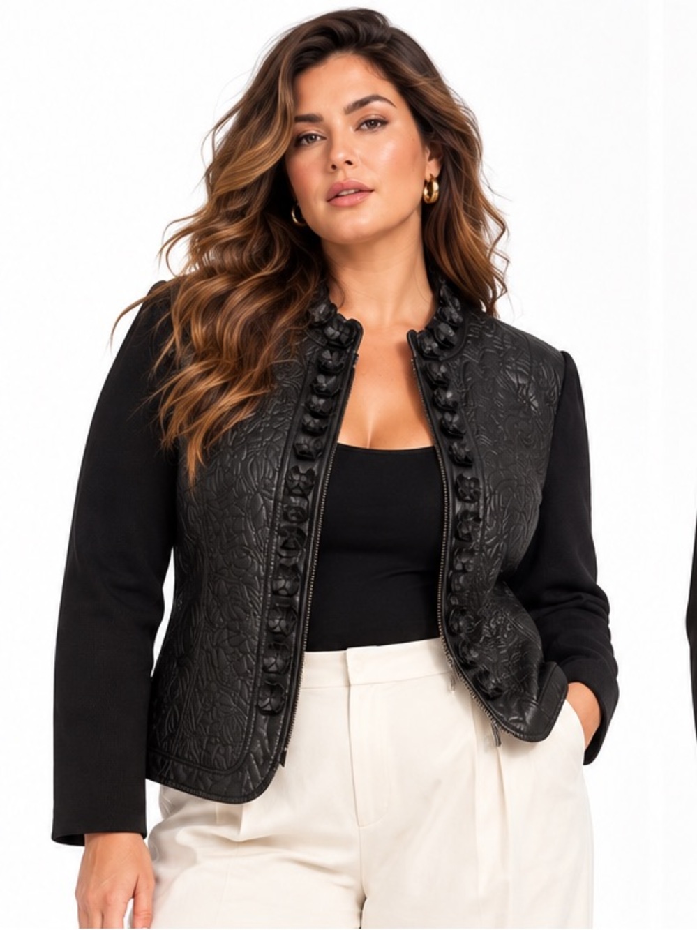 Nygard Collection Black Genuine Leather Floral Embossed Jacket Size 1X knit back